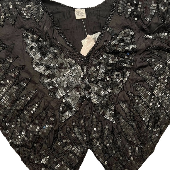 NWT Vintage Infashions Black Sequined and Beaded Butterfly Cape Shawl 100% Silk - Picture 3 of 15
